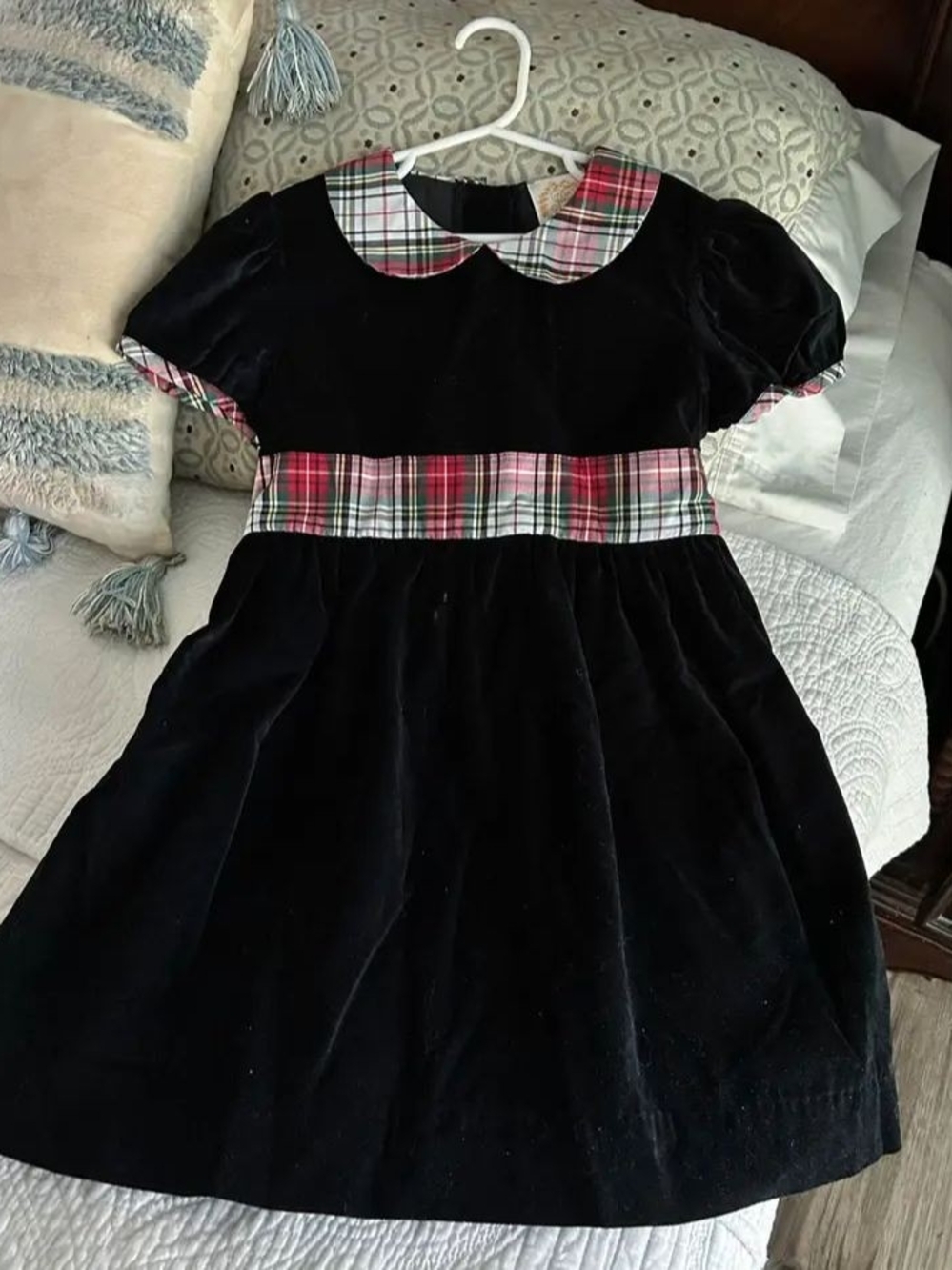 The Beaufort Bonnet Company Black Velvet Dress with Red & Green Plaid Trim